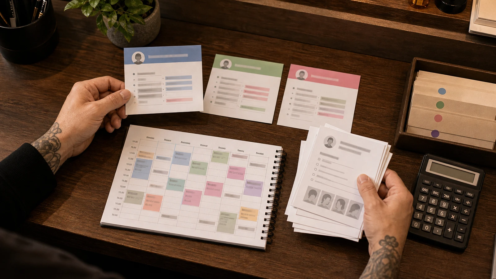 Anonymous hands sorting color-coded barber schedule cards, client history cards, and tip envelopes