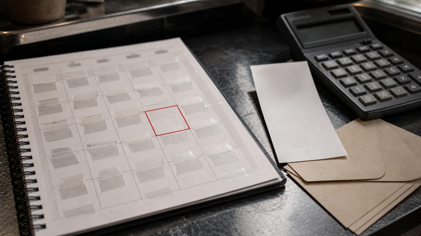 Close-up of a blurred appointment calendar, calculator, and deposit envelopes for tattoo deposit pricing