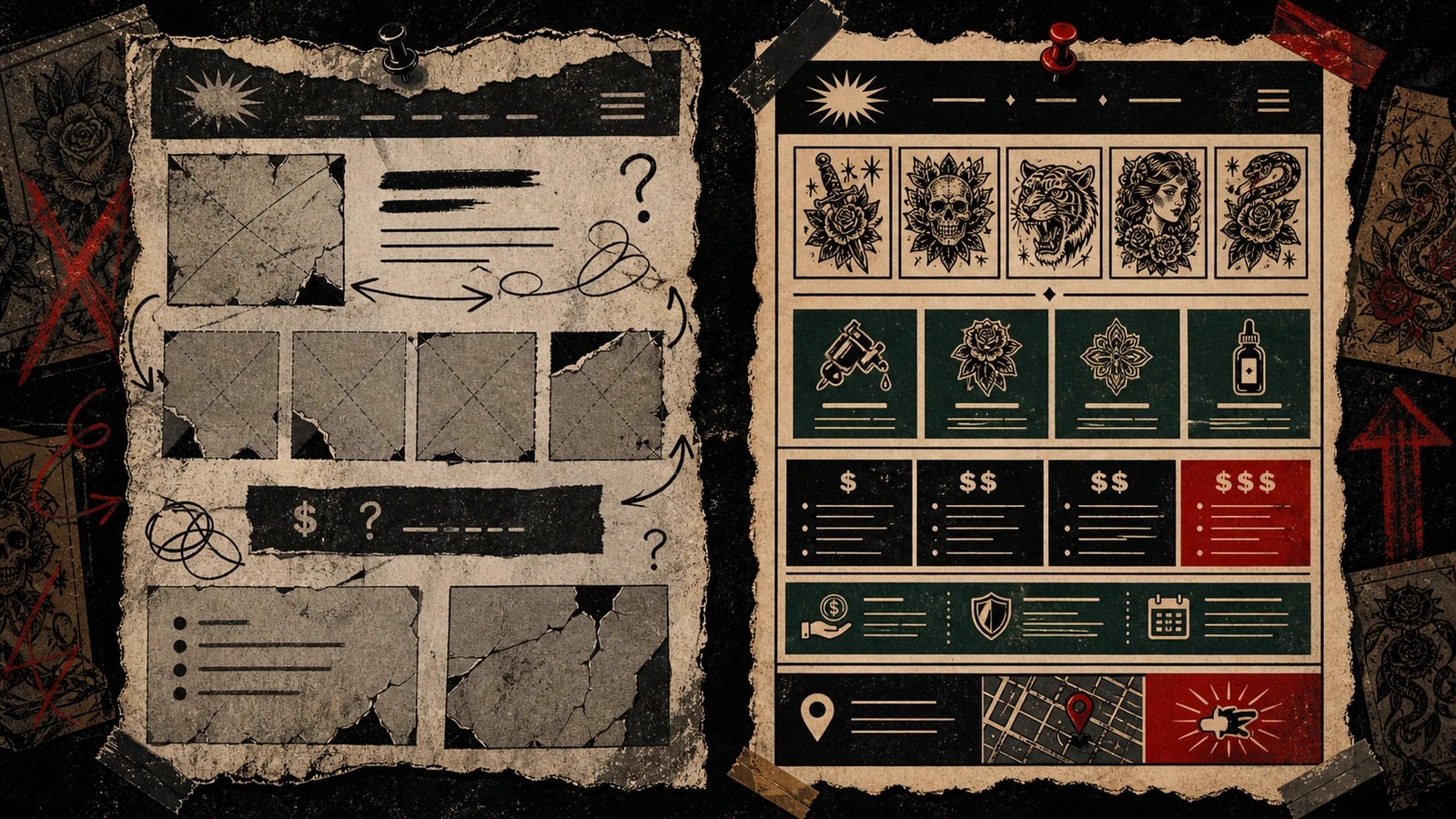 LVL2-style before-and-after poster comparing a sparse tattoo booking page with a complete booking page