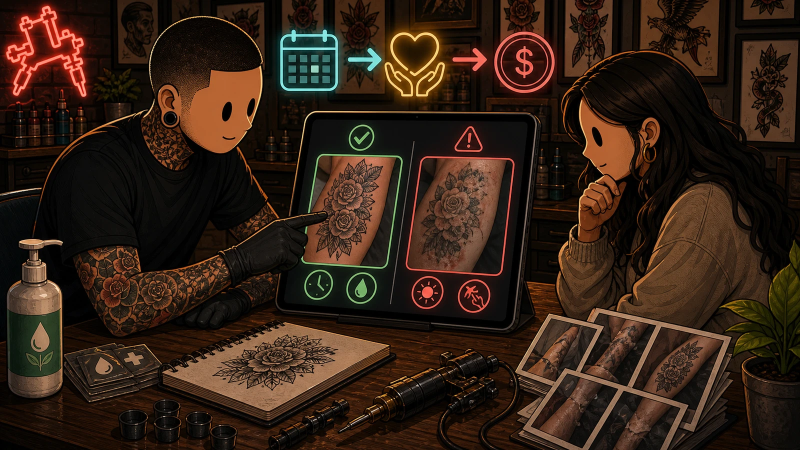 LVL2-style illustration comparing normal tattoo healing with client-caused touch-up damage